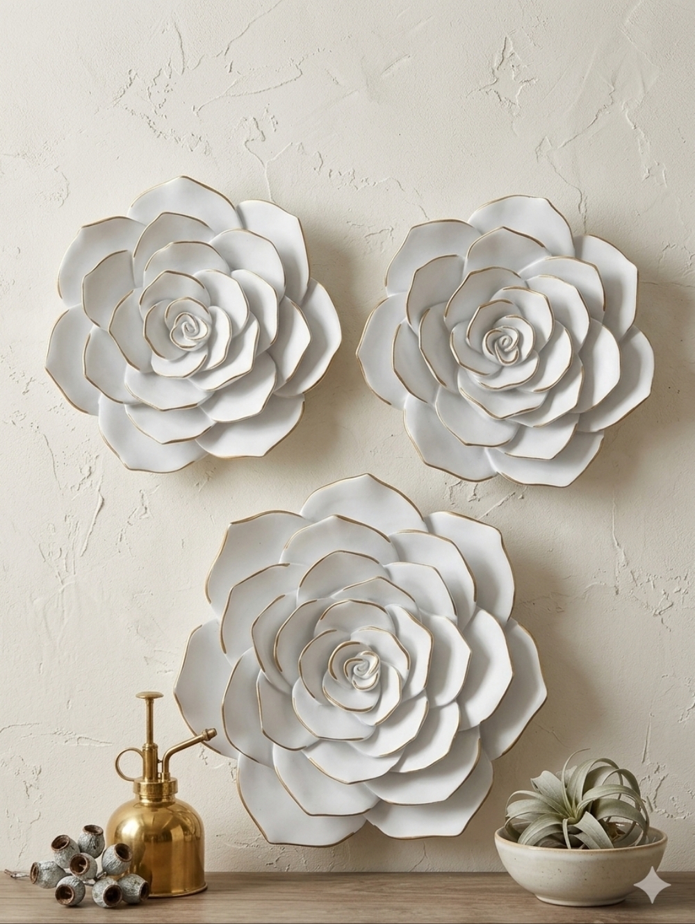 Brewster Home Fashions White Resin Flower Wall Decor Set 3 Gold Rim 3D Floral
